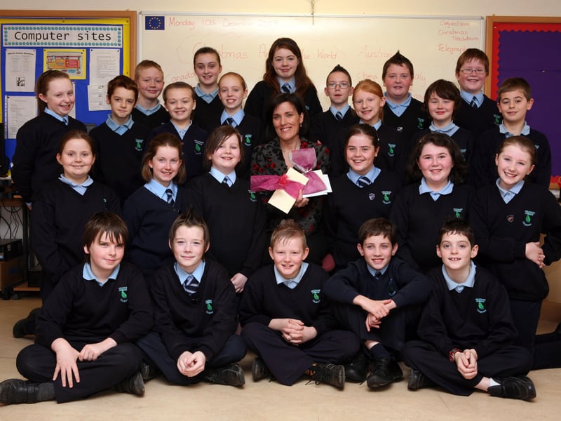 Miss Joyce Logue, vice-principal, Holybush Primary School, with her P7 class. (1112C50)