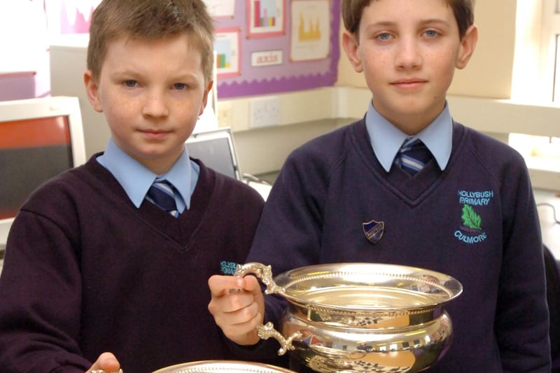 Sean Bradley, left, and Michael Melarkey from Hollybush Primary School who have won the P6 and P7 sections respectively of the Jadoube Chess Championships held at Oakgrove Primary School. (1803PG01)