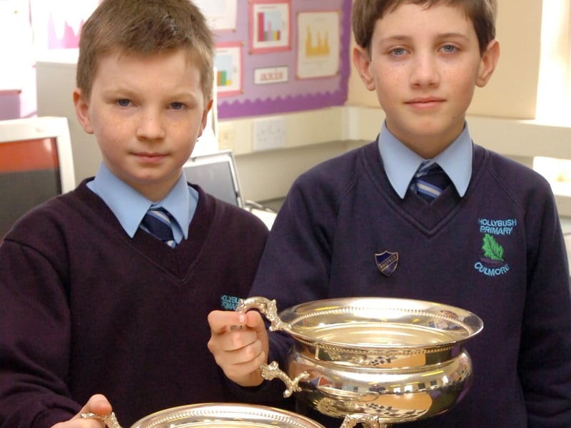 Sean Bradley, left, and Michael Melarkey from Hollybush Primary School who have won the P6 and P7 sections respectively of the Jadoube Chess Championships held at Oakgrove Primary School. (1803PG01)