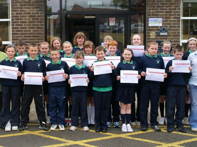 The presentation of British Red Cross certificates to year 7 pupils from St.Colmcille's Primary School, Claudy on the completion of a youth first ai course.