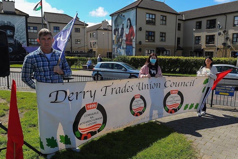 Derry Trades Union Council members at the Palestinian solidarity Rally at Free Derry Wall on Saturday after last. Photo: George Sweeney. DER2120GS – 060