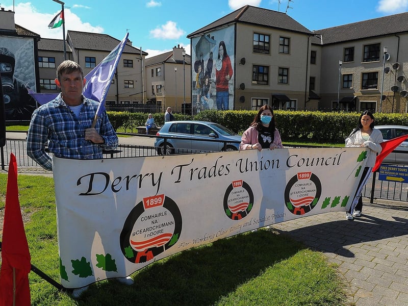 Derry Trades Union Council members at the Palestinian solidarity Rally at Free Derry Wall on Saturday after last. Photo: George Sweeney. DER2120GS – 060