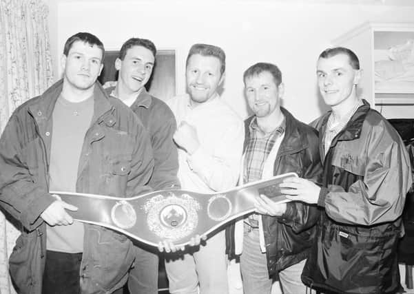World champion super-middleweight boxer Steve Collins, during a visit to the Lake of Shadows, with from left, Mickey Doherty, Jason Fair and, from right, Joe Donaghey and Mickey Donaghey.