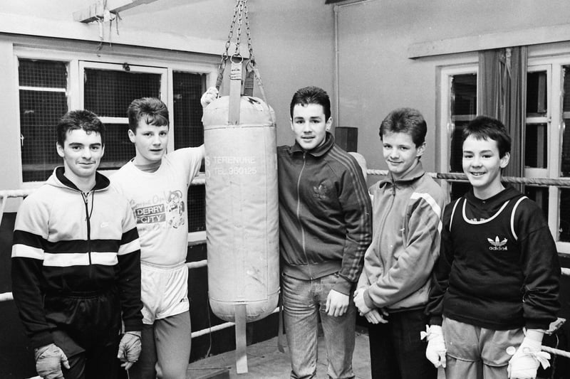 February... St Eugene's Boxing Club members who were title winners at the Derry and District championships. From left are Jason Roberts, Gregory Curran, Kevin Duffy, Liam McLaughlin and Fergal Duffy.