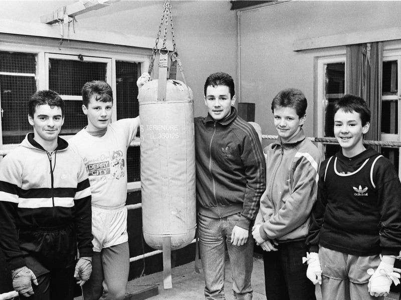 February... St Eugene's Boxing Club members who were title winners at the Derry and District championships. From left are Jason Roberts, Gregory Curran, Kevin Duffy, Liam McLaughlin and Fergal Duffy.