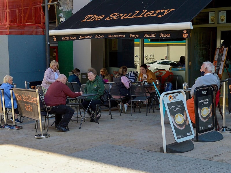 Cafes and pubs with outdoor service reopened on Friday last. Photo: George Sweeney / Derry Journal.  DER2117GS - 048