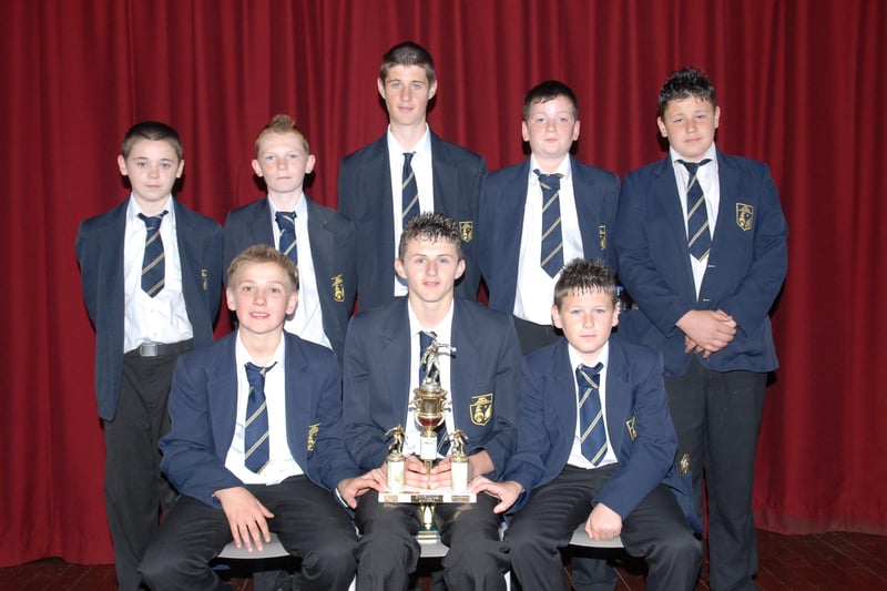 Pictured with the Under 14 trophy won at the Ballyclare May Fair 5-A-Side football competition in 2007 are the the Larne High SChool Youth Club team of (front): Ryan Loughlin, Lee Thompson, Lee Hogg and (back): Allen McBride, Jack Wharry, Colwyn Hood, Ricky McClean and Matthew Rice.