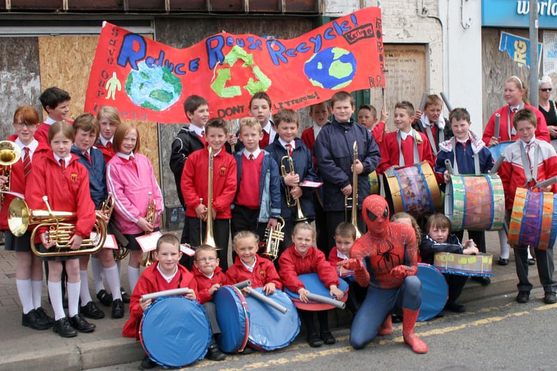 Spiderman is told by Ballyclare Primary School to reduce, reuse and recycle during the May Fair in 2007.