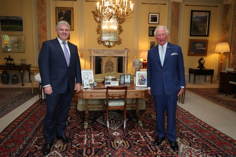 Secretary of State for Northern Ireland Brandon Lewis pictured meeting with The Prince of Wales at Hillsborough Castle. 

Photo by Kelvin Boyes / Press Eye.