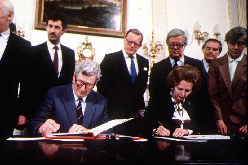 The Anglo-Irish Agreement signing at Hillsborough Castle in 1985. Margaret Thatcher and Irish Premier Garret Fitzgerald present.  Pacemaker Press Intl.