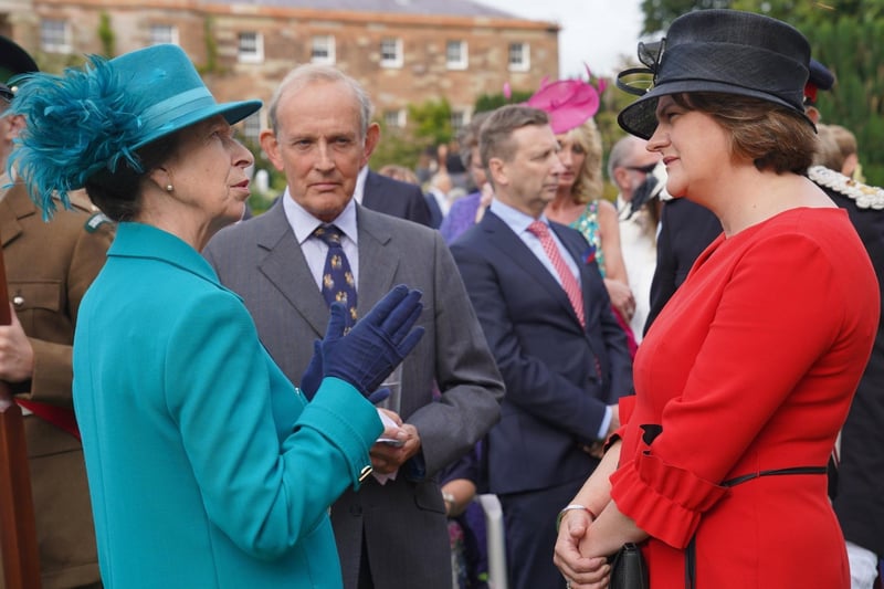 Her Royal Highness the Princess Royal speaks to First Minister Arlene Foster at a Garden Party in Hillsborough Castle.  Photo by Aaron McCracken