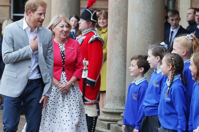 Prince Harry visits Northern Ireland and arrives at Hillsborough Castle where he met local school children and attended a garden party. 

Picture by Jonathan Porter/PressEye.com