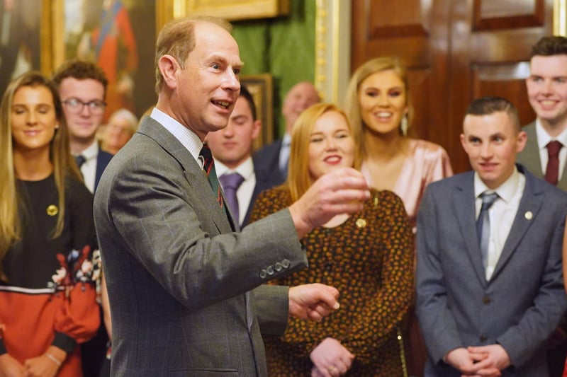 The Earl of Wessex speaks to some of the 80 young people from across Northern Ireland who were presented with their Gold Duke of Edinburgh awards today at Hillsborough Castle.
 Photo by Aaron McCracken