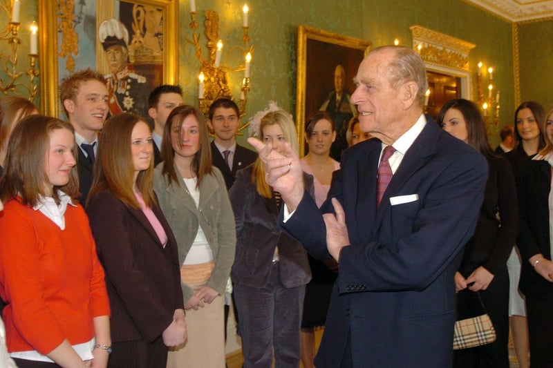 The Duke of Edinburgh chats with students during his visit to Hillsborough Castle to present the Duke of Edinburgh Gold awards.
PICTURE BY STEPHEN DAVISON