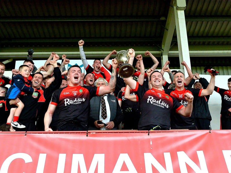 Sean Dolans players celebrate their victory over Glack in the Neal Carlin Cup final, on Friday evening last, in Celtic Park. (Photo: George Sweeney)
