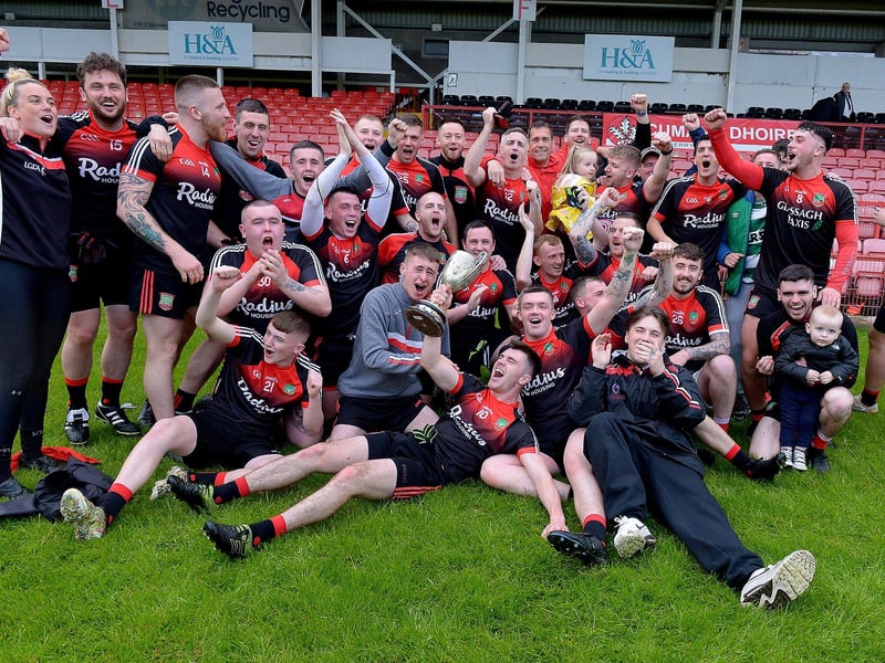 Sean Dolans players celebrate their victory over Glack in the Neal Carlin Cup final, on Friday evening last, in Celtic Park. (Photo: George Sweeney)