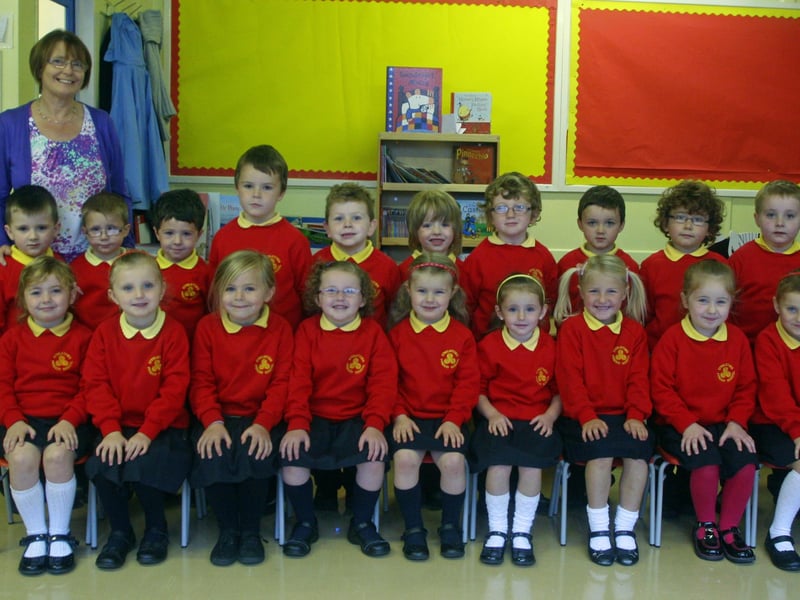 Mrs. Durnin's P1 class at Steelstown PS. On right is Mrs. Doherty, classroom assistant. 3009JM03
