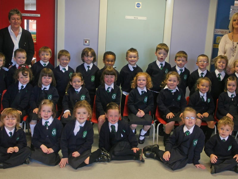 Ms. McLaughlin's P1 class at St. Patrick's PS, Pennyburn. On left is Mrs. Elder, classroom assistant. 3009JM18