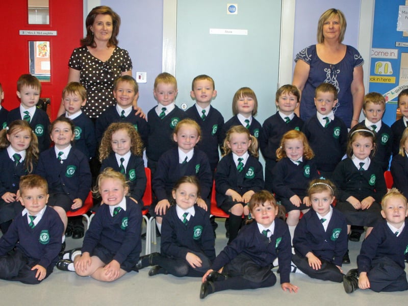 Mrs. Dooley's P1 class at St. Patrick's PS, Pennyburn. On left is Mrs. Ward, classroom assistant. 3009JM20