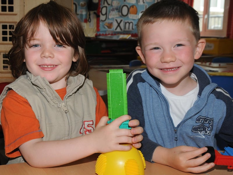 Hayden Boyde and Jamie Carmody pictured at Termoncanice Primary School's P1 open day. Picture Martin McKeown. Inpresspics.com. LV25-439MMCK10