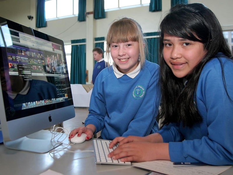 Friends Ciara Hutton and Jella Huelgu at work on computers at the opening of the Termoncanice Primary School new Digital Creative classroom. PIcture Inpresspics.com. LV22-415MMCK10