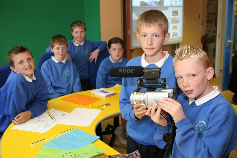 Caolan Boyd and Connor Murray behind the camera work on a project with friends Dillon o'Kane, Tom Deery, Kieran Craig and Darriagh Devin during the opening of the Termoncanice Primary school Digital creative classroom. PIcture Inpresspics.com. LV22-417MMCK10