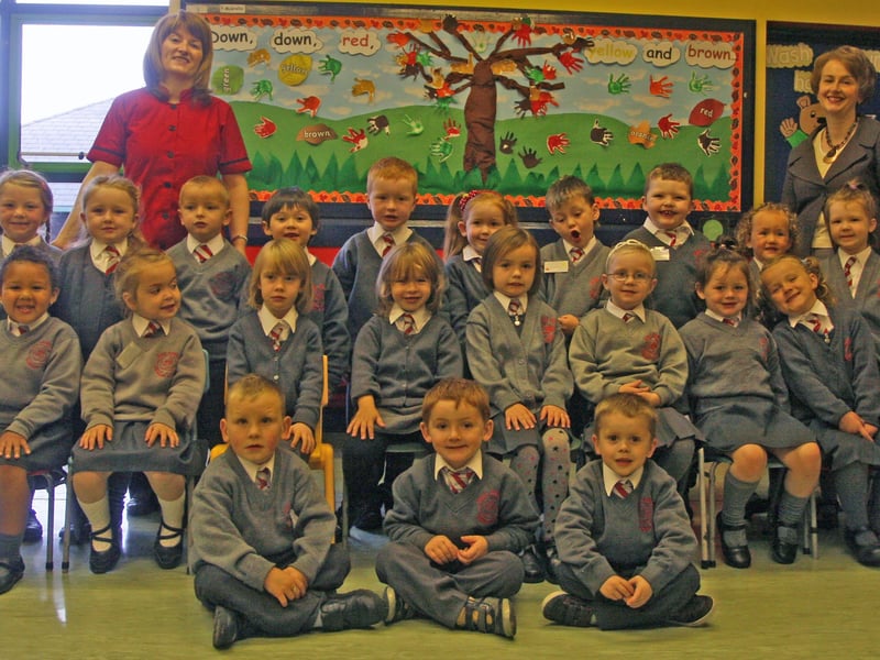 Mrs. Donaghy's P1 class at Holy Family PS, Ballymagroarty. On right is Mrs. McCarron, classroom assistant. 3009JM01