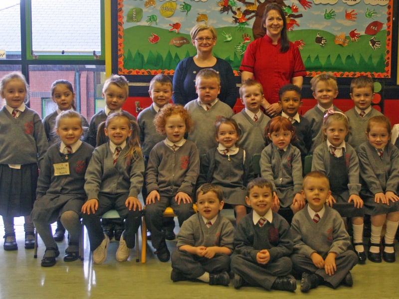 Mrs. McGrellis' P1 class at Holy Family PS, Ballymagroarty. Right centre is Mrs. McGowan, classroom assistant. 3009JM02