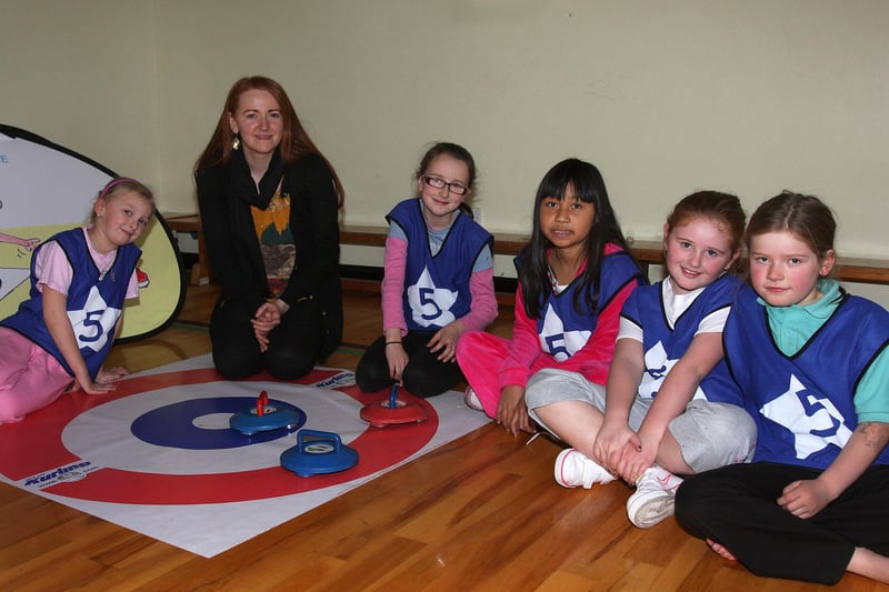 Oakgrove Integrated PS pupils (from left) Lucy Greaves, Emma Louise Hogan, Sarah Ardhani, Tara Garfield and Courtney Black, with their teacher Louise-Ann Quinn, taking part in a ‘New Age Hurling’ game, at the Disability Sports Challenge, held  at the school.  INLS 5010-505MT. .
