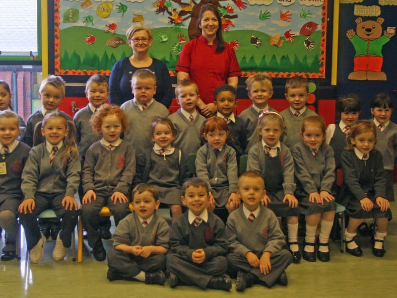 Mrs. McGrellis' P1 class at Holy Family PS, Ballymagroarty. Right centre is Mrs. McGowan, classroom assistant. 3009JM02