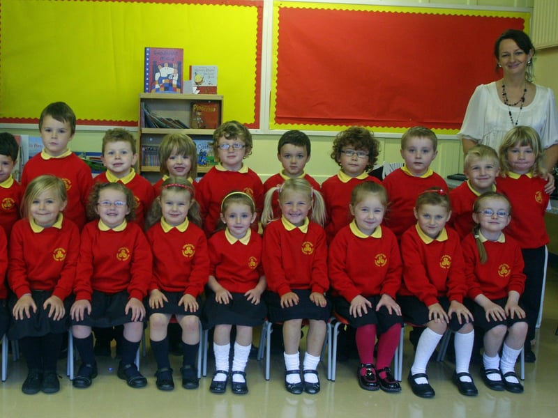 Mrs. Durnin's P1 class at Steelstown PS. On right is Mrs. Doherty, classroom assistant. 3009JM03