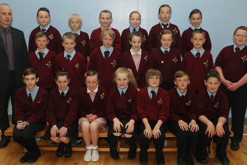 Mr Meehan pictured with his P7 class from St Eithnes Primary School.  1106GM13