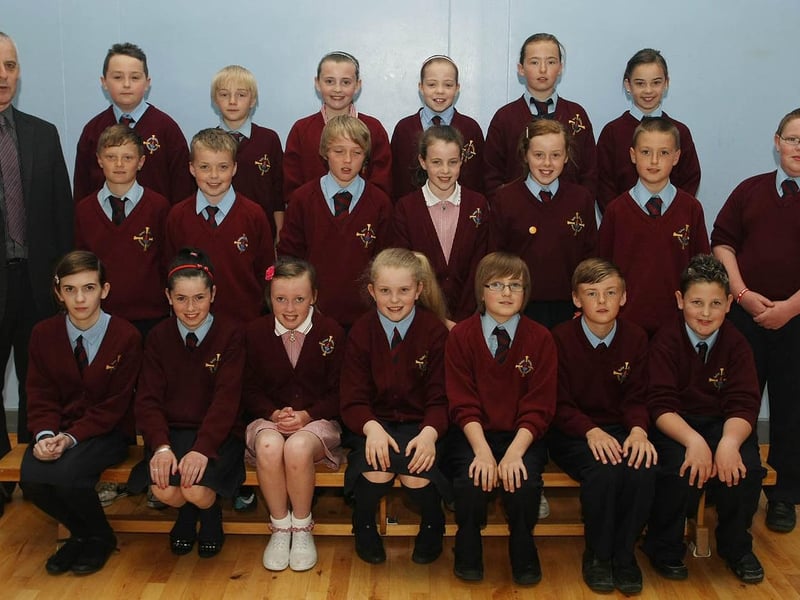 Mr Meehan pictured with his P7 class from St Eithnes Primary School.  1106GM13