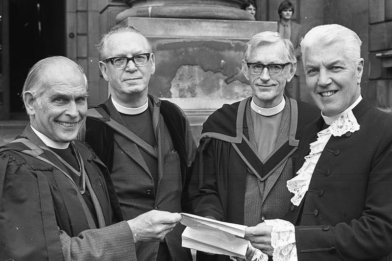 The Moderator of the General Assembly, the Right Reverend Dr Ronald Craig, right, who handed over a cheque to the Reverend John Barkley, second left, on his retirement in June 1981. Included are the Moderator-Designate, the Right Reverend John Girvan, left, and the Reverend Cyril Young, secretary to the Overseas Board. Picture: News Letter archives