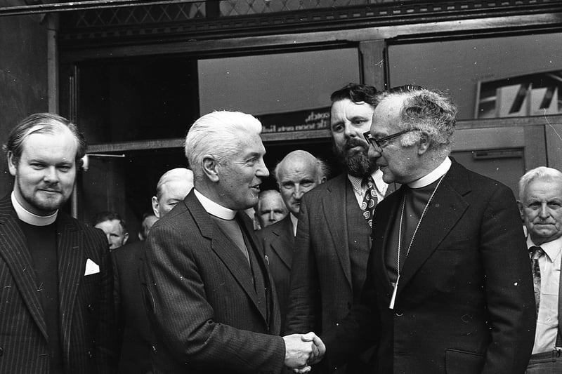 The Archbishop of Canterbury, Dr Robert Runcie, saying farewell to former Presbyterian Moderator, the Very Reverend Dr Ronald Craig, as he left the General Assembly at Church House in June 1981. In the centre is Mr Terry Waite, Dr Runcieâ€TMs lay adviser. Picture: News Letter archives