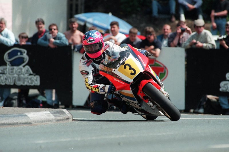 Scottish rider Jim Moodie on the Padgett's Honda V-twin in the 1997 Senior TT. Moodie finished second behind Phillip McCallen.