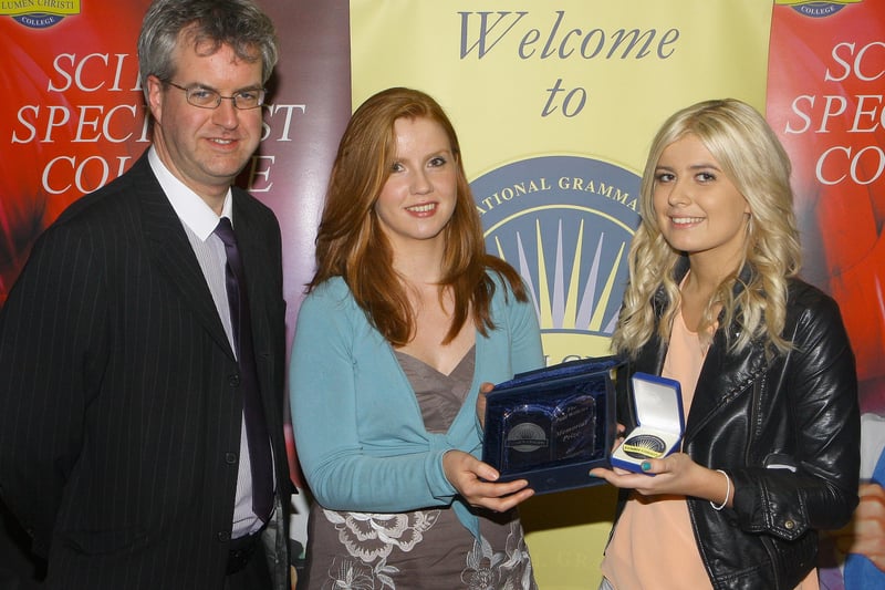 Caragh McCool (right), who collected the Paul Wilkins award for English Literature at the Lumen Christi College annual senior prize-giving, pictured with senior teacher Mr Michael Kerlin and Mrs. Nora Dobson, Head of English. Picture. Maurice Thompson.