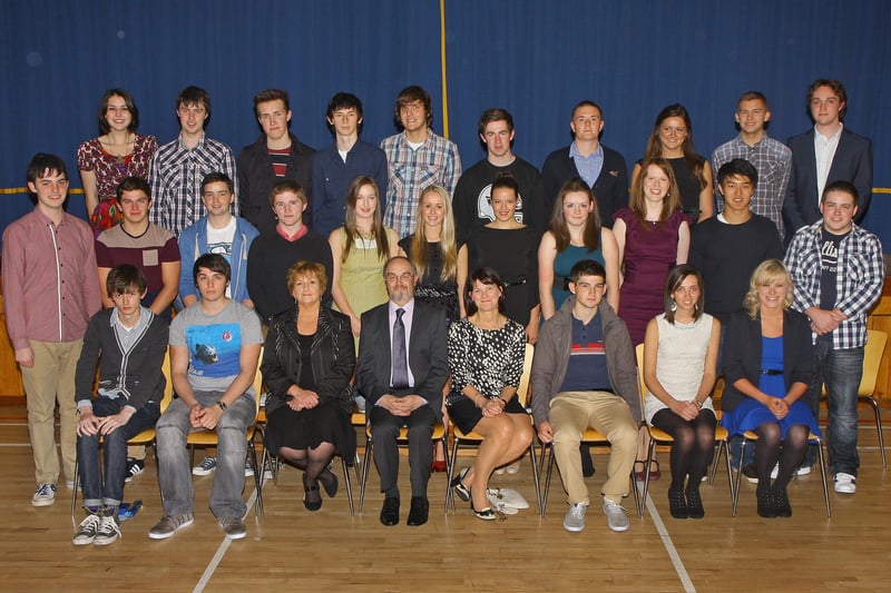 Lumen Christi College pupils who attained 4 or more ‘A’ grades in A2 examinations, pictured at the college’s annual senior prize giving.  Included seated (third from left), are Mrs. Catriona O’Donnell, Head of 6th Form, Mr. Patrick O’Doherty, principal and Mrs. Aideen McGinley, Board of Governors.  Picture. Maurice Thompson.
