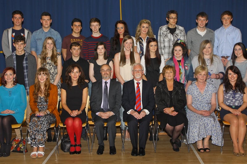 Lumen Christi College pupils who achieved 3 ‘A’ grades or better in their A2 examinations, pictured at the college’s annual senior prize giving.  Included seated (third from left), are guest speaker Prof. Deirdre Heenan, Provost of Magee Campus, Mr. Patrick O’Doherty, principal, Mr. John Boyle, chairman, Board of Governors, Mrs. Catriona O’Donnell, Head of 6th Form and Mrs. Rosemary McDaid, vice-principal.  Picture. Maurice Thompson.