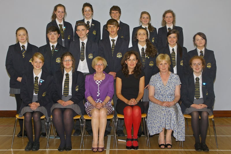 Pupils, who received whole school prizes at Lumen Christi college annual senior prize giving, presented to senior students who have made a significant contribution to the life of the school.  Included seated (third from left), are Dr. Marie Ferris, senior  teacher, guest speaker Prof. Deirdre Heenan, Provost of Magee Campus and Mrs. Rosemary McDaid, vice-principal.  Picture. Maurice Thompson.