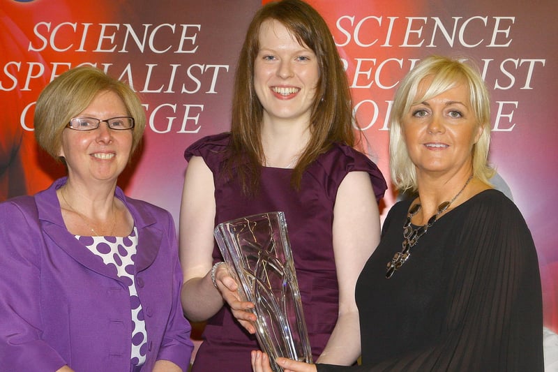 Pupil Linda Doherty, collecting the Business Eye award for top female student in A2 ICT, from  senior teacher Mrs. Siobhan Matthewson, Head of ICT, at the Lumen Christi college annual senior prize giving. Left is senior teacher Dr. Marie Ferris.  Picture. Maurice Thompson.