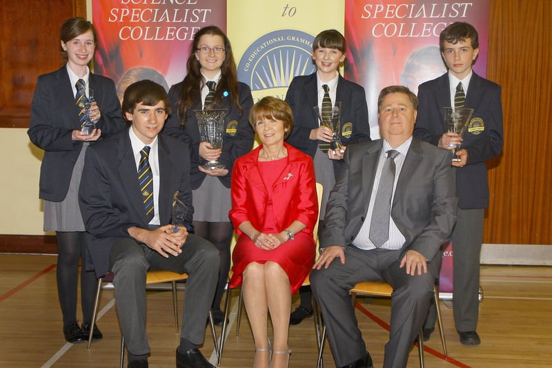 Pupils who collected ‘Pupil of the Year’ awards at Lumen Christi college annual senior prize giving. From left (seated) are Jason Young, Mrs. Catherine Rawdon, vice-principal and Mr. Brian McAllister, Board of Governors. Back row. Helen Brady,  Aoibheann Biddle, Dervla Guckian and Peter Melarkey.  Picture. Maurice Thompson.