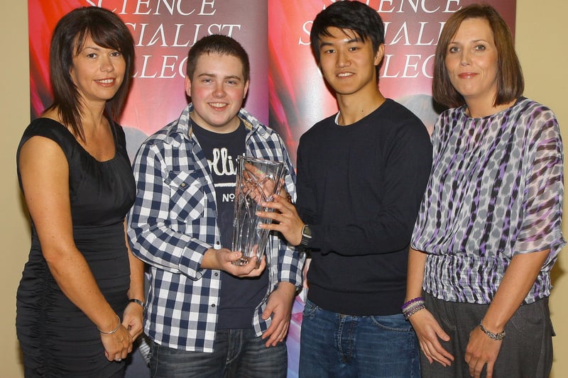 Pupils Sean McGinley and Yang Xu, joint holders of the O’Kelly award for A2 Biology, at the Lumen Christi College annual senior prize giving, pictured with senior teacher Mrs. Siobhan McCauley and Ms. Kathryn O’Brien, Head of Biology.  Picture. Maurice Thompson.