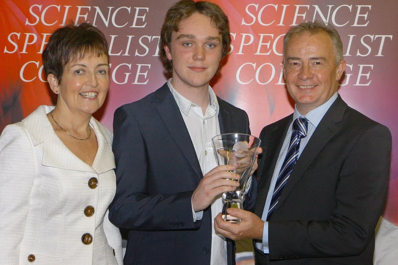 Pupil Karl McCarron, collecting the Seagate award for A2 Physics, from Mr. John Dunne, Head of Science, at the  Lumen Christi College annual senior prize giving.  In Included is senior teacher Mrs. Martina Gillan. Picture. Maurice Thompson.