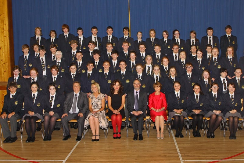 Pupils at Lumen Christi college who achieved 8 Grade ‘A’s or better in GCSE examinations, pictured at the college’s annual senior prize giving.  Included seated (centre) are Mr. Brian McAllister, Board of Governors, Mrs. Bronagh O’Hara, Head of Key stage 4, guest speaker Prof. Deirdre Heenan, Provost of Magee Campus, Mr. Patrick O’Doherty, principal and Mrs. Catherine Rawdon, vice-principal.  Picture. Maurice Thompson.