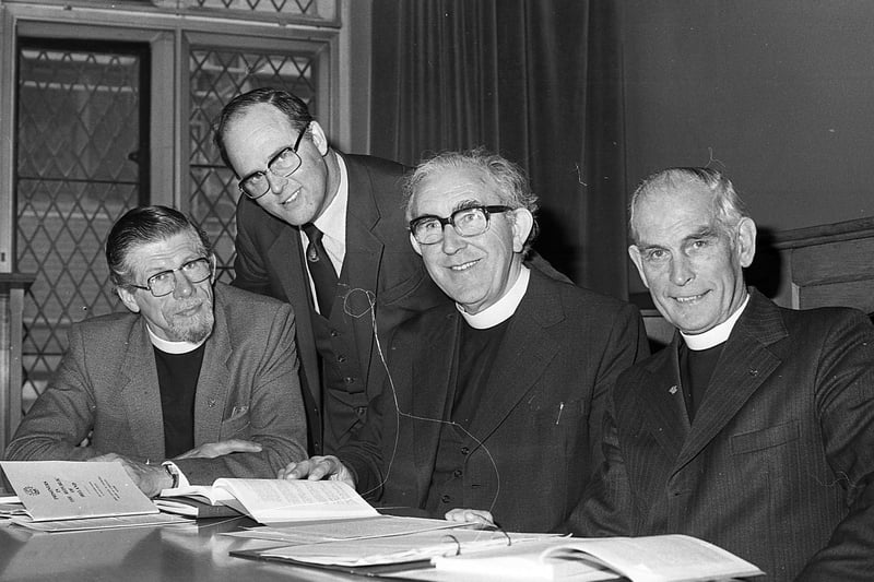 The Reverend John Girvan, Moderator designate, right, a press conference in May 1981 to announce details of that year's Presbyterian General Assembly. Included in the photograph was the Reverend Thomas Simpson, the Reverent Harold Allen, and Mr Robert Cobain, the church's deputy information officer. Picture: News Letter archives