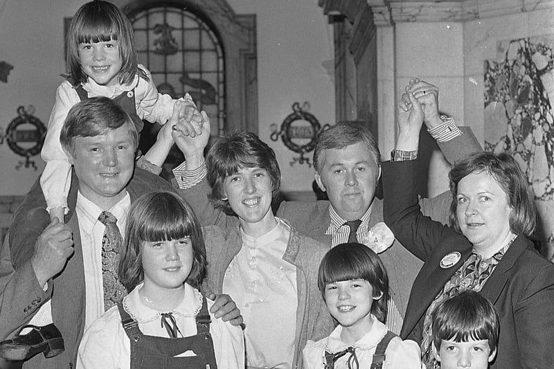 Former Belfast Lord Mayors celebrate in the May 1981 local elections â€“ Councillor David Cook, Alliance Party, who was elected for South Belfast, with his wife Fionnuala, right, and Official Unionist Councillor Billy Bell, left, who was re-elected for North Belfast, with his wife Leona and children Julie-Anne, William and Kathryn. Picture: News Letter archives