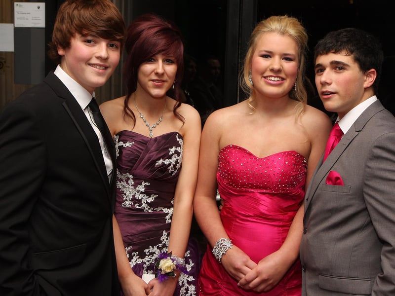 Students arriving for the Lisneal College annual formal dinner in the Everglades Hotel. From left, Luke McGarrigle, Alison Borland, Abbie Wilson and Oliver Smith. INLS 1248-510MT.