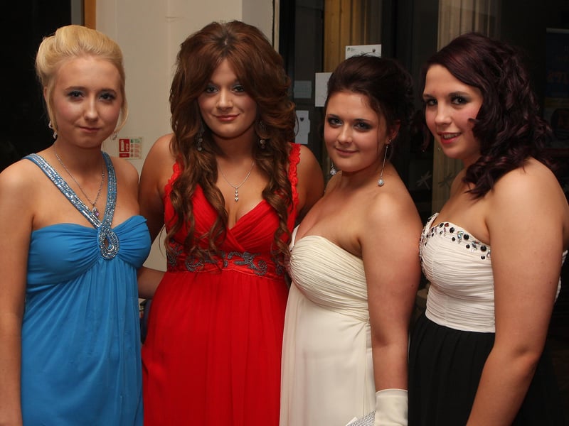 Smiling for the camera on their arrival for the Lisneal College annual formal dinner in the Everglades Hotel are (from left), Catherine Cargill, Jodie Poole, Jessica Reid and Jennifer Williamson. INLS 1248-513MT.