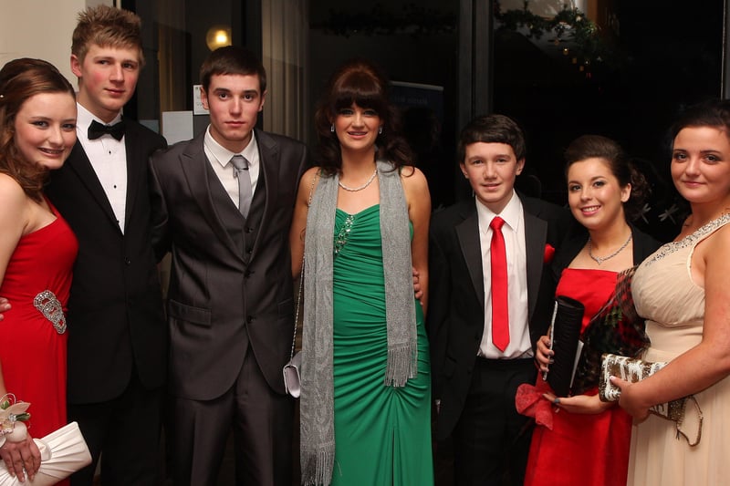 Students and guests arriving  for the Lisneal College annual formal dinner in the Everglades Hotel.  From left, Rebecca Mahon, Mathew Robinson, Calvin Buchanan, Naomi Laird, Jamie Gillespie, Calare Moore and Tammy Wilson.  INLS 1248-514MT.